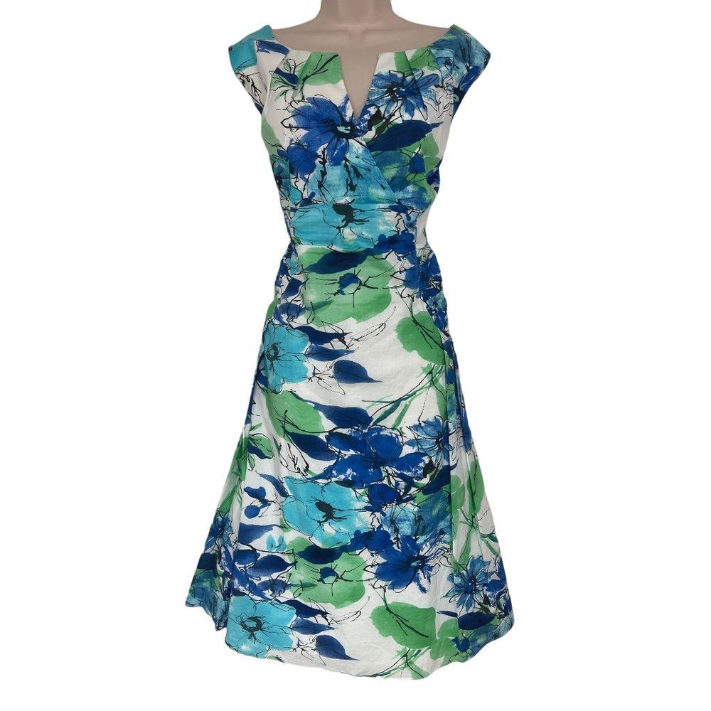 Size 18W 2X WATERCOLOR FLORAL PLEATED COTTON MIDI DRESS Summer Wedding PLUS SIZE